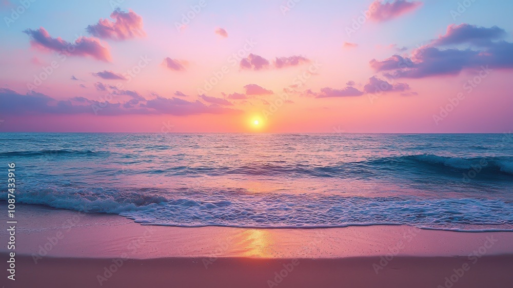 Fototapeta premium Stunning sunset over serene ocean waves, creating a peaceful seaside atmosphere.