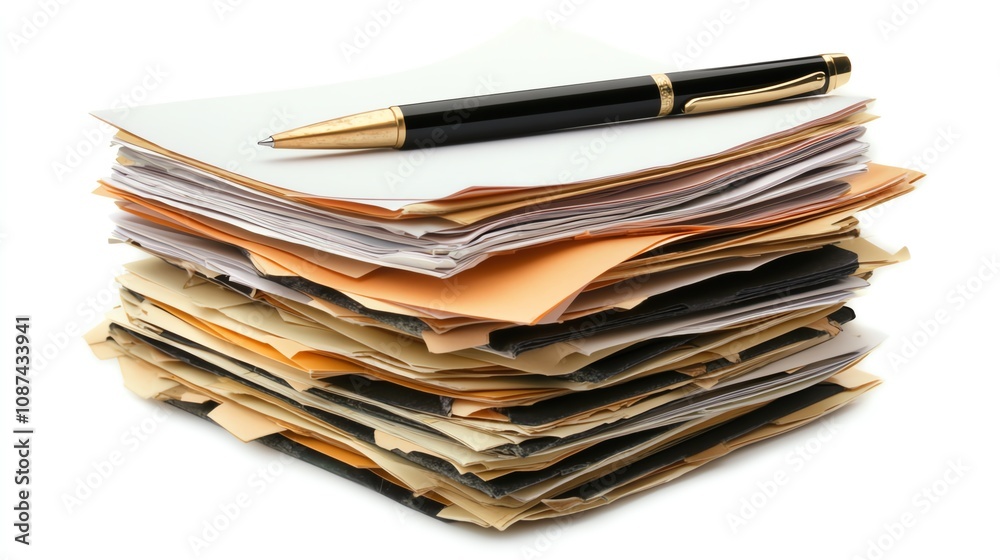 Neatly organized stack of office documents with a pen resting on top, isolated on a clean white background, perfect for productivity themes. Neatly organized stack of office documents with a pen resting on top, isolated on a clean white background, perfect for productivity themes.