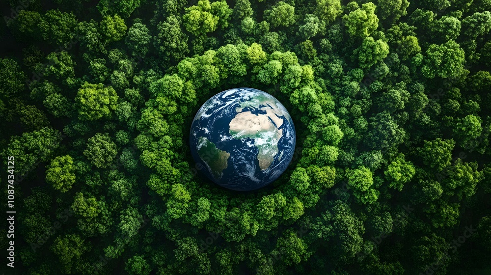 Green trees surrounding Earth, emphasizing the importance of environmental protection and climate action. Green trees surrounding Earth, emphasizing the importance of environmental protection and climate action.