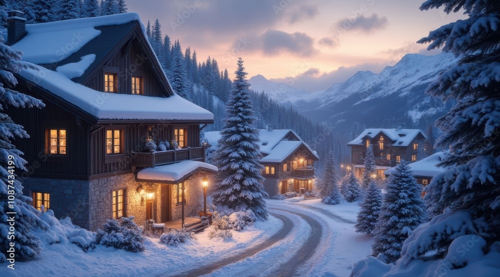 Snowy winter evening in a cozy village Snowy winter evening in a cozy village