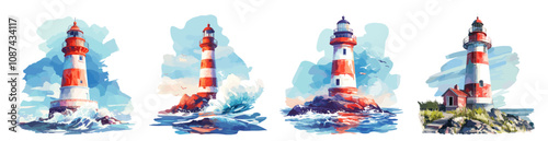 lighthouse watercolor set. signal tower, island sea waves seagulls rocks striped red white marine warning guide vector illustration