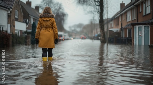 Woman in yellow coat and protective boots walking through flooded street in urban environment