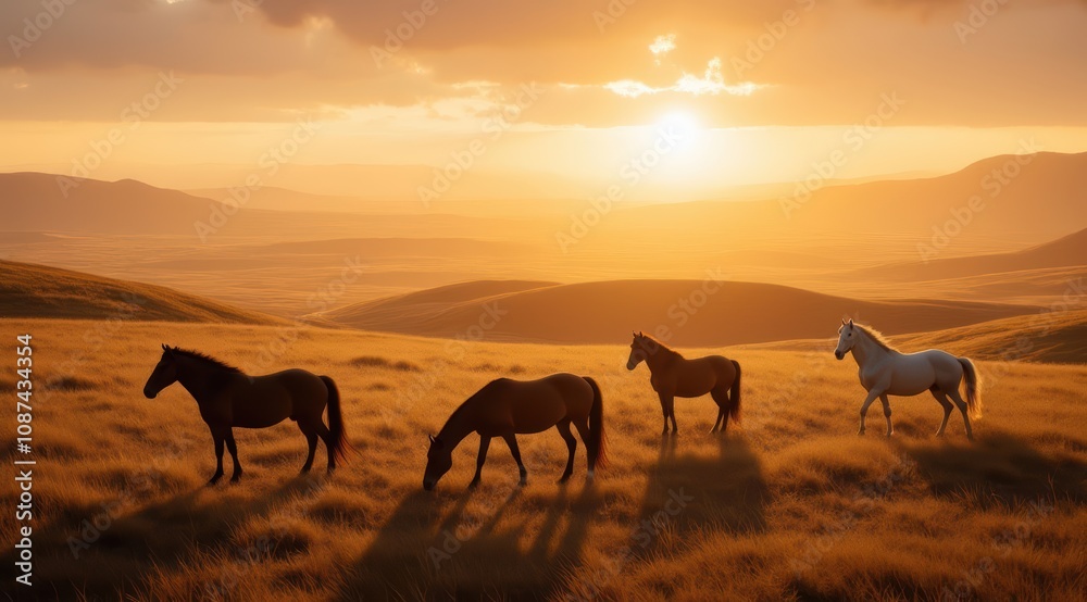 Horses grazing at sunset in golden fields Horses grazing at sunset in golden fields