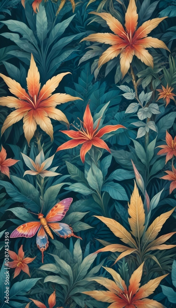 Tropical exotic pattern with animal and flowers in bright colors and lush vegetation Tropical exotic pattern with animal and flowers in bright colors and lush vegetation