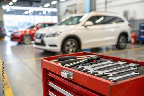 Wallpaper Mural In a bustling auto repair shop, a red tool chest holds various wrenches while cars await servicing in the background. Mechanics work efficiently to ensure timely repairs in a well-equipped facility. Torontodigital.ca