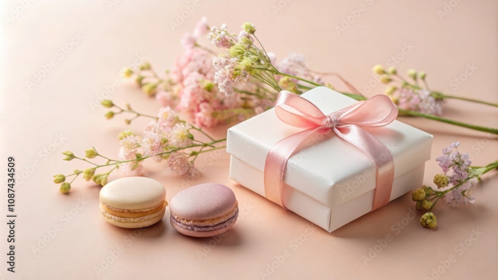 A white gift box tied with a pink ribbon surrounded by delicate pink flowers and two pastel macarons on a light pink background. A white gift box tied with a pink ribbon surrounded by delicate pink flowers and two pastel macarons on a light pink background.
