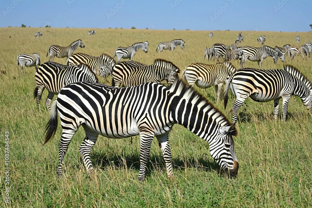 Fototapeta premium A Herd of Zebras Grazing in the African Savanna