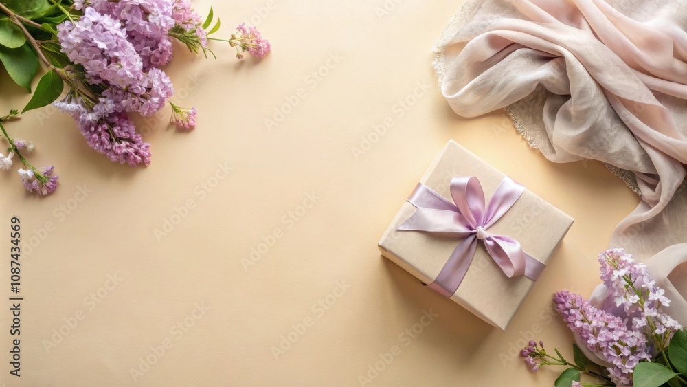 Elegant Gift Box Surrounded by Delicate Lilac Flowers and Soft Fabric on a Creamy Background Elegant Gift Box Surrounded by Delicate Lilac Flowers and Soft Fabric on a Creamy Background