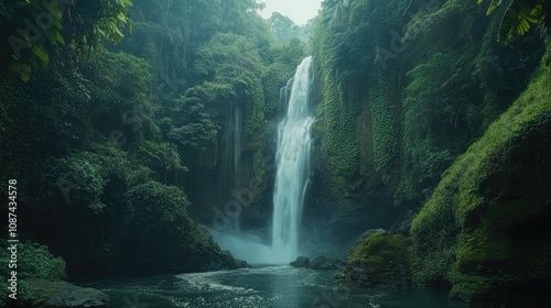 Tranquil Waterfall in Lush Rainforest Landscape
