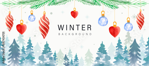 Beautiful winter background with winter forest, fir tree branches, New Year toys and snowflakes in watercolour style.