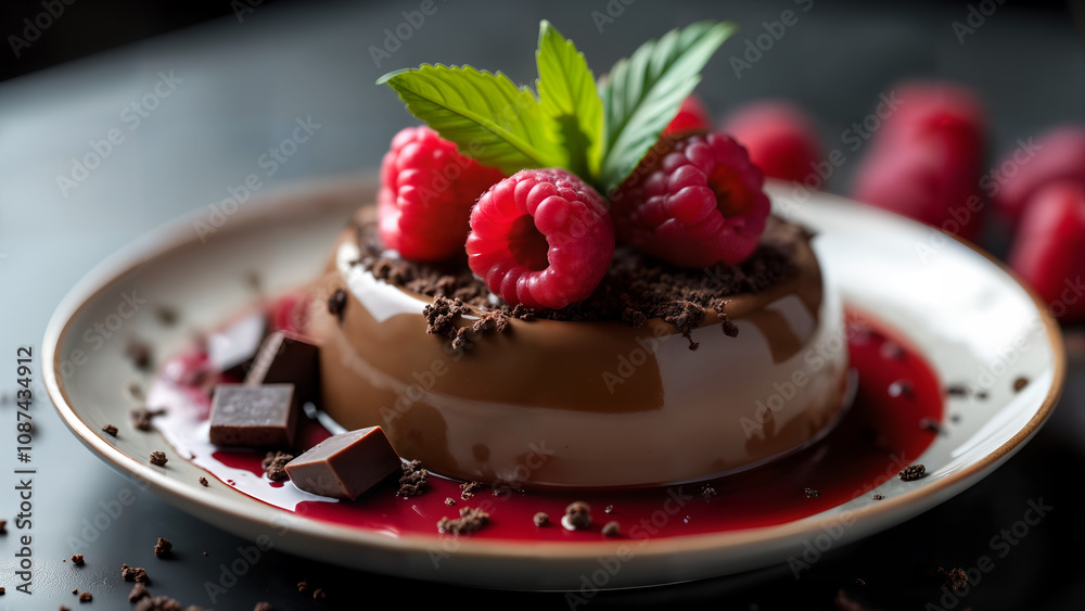 An Exquisite Presentation of Chocolate Panna Cotta with Raspberry Jelly Topped with Fresh Raspberries and Gourmet Chocolate Pieces An Exquisite Presentation of Chocolate Panna Cotta with Raspberry Jelly Topped with Fresh Raspberries and Gourmet Chocolate Pieces