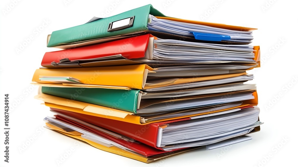 Organized stack of business files on a modern desk, isolated on white with room for additional promotional elements. Organized stack of business files on a modern desk, isolated on white with room for additional promotional elements.