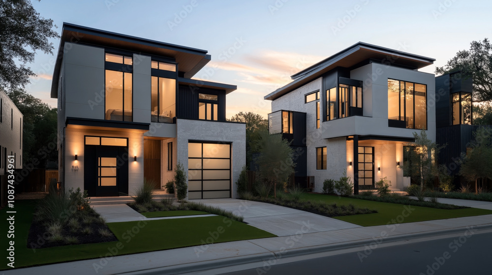 Modern two-story homes with large windows and manicured lawns, illuminated at dusk, showcasing contemporary architecture and landscaping design. Modern two-story homes with large windows and manicured lawns, illuminated at dusk, showcasing contemporary architecture and landscaping design.