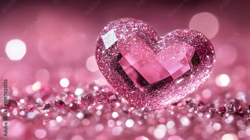 Pink crystal heart on sparkling pink background, romantic mood, close-up shot, Valentine's Day Pink crystal heart on sparkling pink background, romantic mood, close-up shot, Valentine's Day