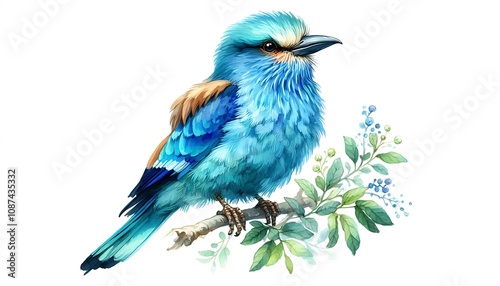 Watercolor Illustration of Colorful Blue Bird on Branch. generator AI