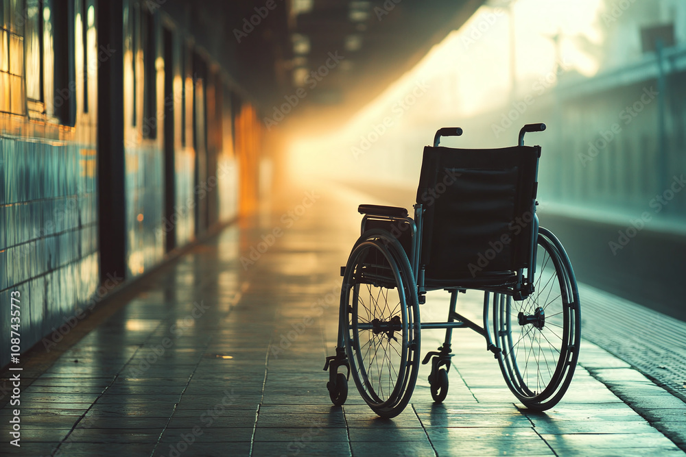 Obraz premium Disabled loneliness, an empty wheelchair waiting near train doors in morning light, vintage photo.