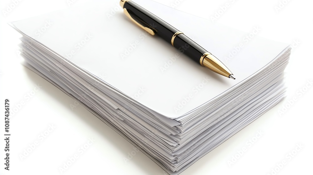 Stack of legal documents with pen on top, isolated on a clean background with space for text. Stack of legal documents with pen on top, isolated on a clean background with space for text.
