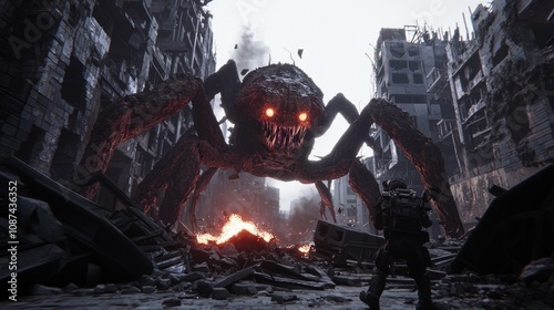 Courageous Stand: Civilians vs. Giant Alien in Devastated Cityscape | Ultra-Detailed, Cinematic Light