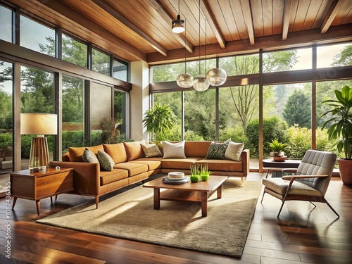 Stunning Mid Century Modern Home Interior with Minimalist Design Elements, Bright Natural Light, and Open Spaces Perfect for Stylish Living and Modern Architecture Enthusiasts