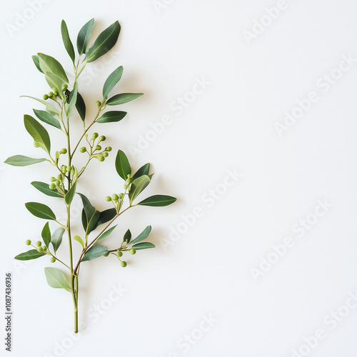 Minimalist mistletoe sprig with green berries on white background