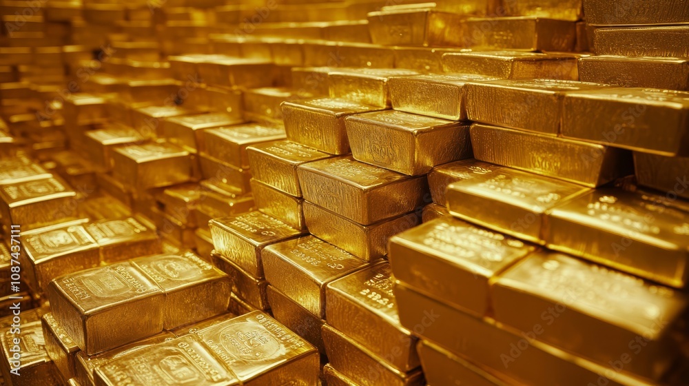 Countless gold bars are neatly stacked, creating a powerful visual representation of wealth, investment, and financial security Countless gold bars are neatly stacked, creating a powerful visual representation of wealth, investment, and financial security