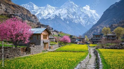 Hunza Valley with blooming orchards and majestic mountains