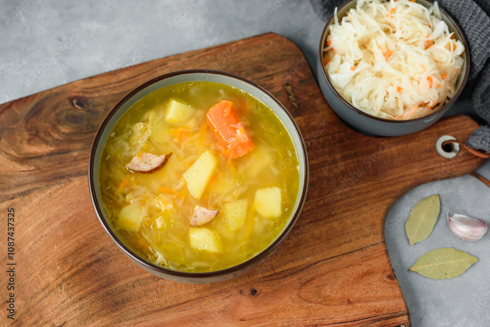 Kapusniak, traditional Polish sauerkraut soup with potatoes and carrots