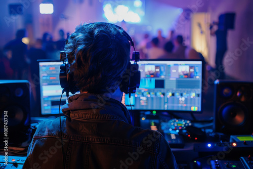 Sound engineer at work in a lively concert setting, using advanced equipment and multiple screens to mix audio.