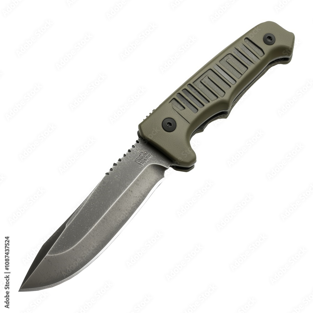 Fototapeta premium Green Tactical Survival Knife with Serrated Edge - Game Art Concept Isolated on White Background