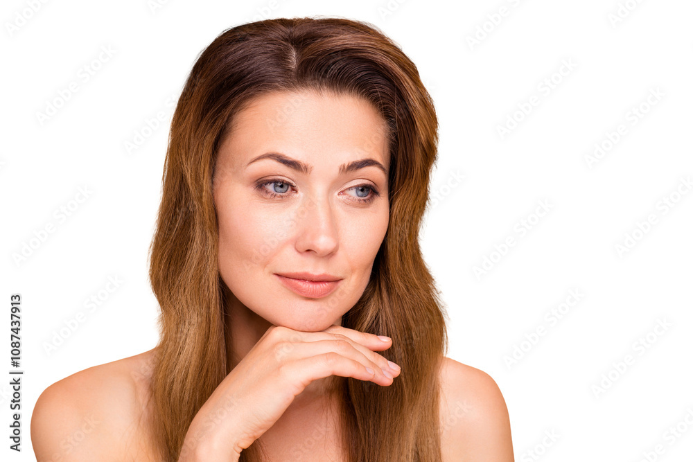 Close up photo beautiful amazing mature she her lady look empty space show great got much younger facial skin result using cream injections anti-age procedures nude isolated pastel beige background Close up photo beautiful amazing mature she her lady look empty space show great got much younger facial skin result using cream injections anti-age procedures nude isolated pastel beige background