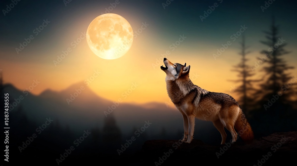 Naklejka premium Powerful Wolf Howling at Mysterious Full Moon Over Cliff s Edge in Serene Forest Landscape Captivating Wilderness Scene Conveying Strength Mystery and Solitude