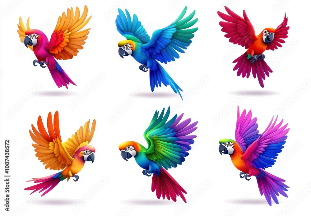 Obraz premium Colorful Parrots in Flight on White Background