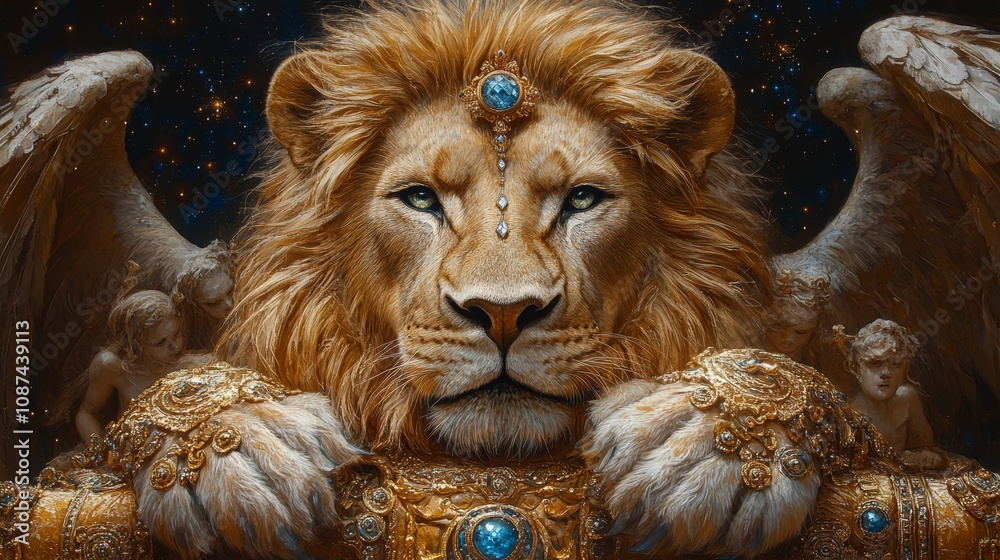 Majestic lion king, adorned with golden armor and a jeweled crown, sits regally with large feathered wings spread, guarded by sculpted angels against a backdrop of a starry night sky Majestic lion king, adorned with golden armor and a jeweled crown, sits regally with large feathered wings spread, guarded by sculpted angels against a backdrop of a starry night sky