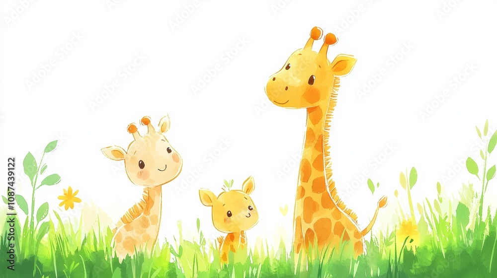 Naklejka premium Hand Drawn Giraffes in Playful Nature Background