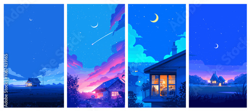 midnight blue sky background. moonlit night vertical landscape, rural town house dwelling window light clouds moon comet stars cozy vector illustration