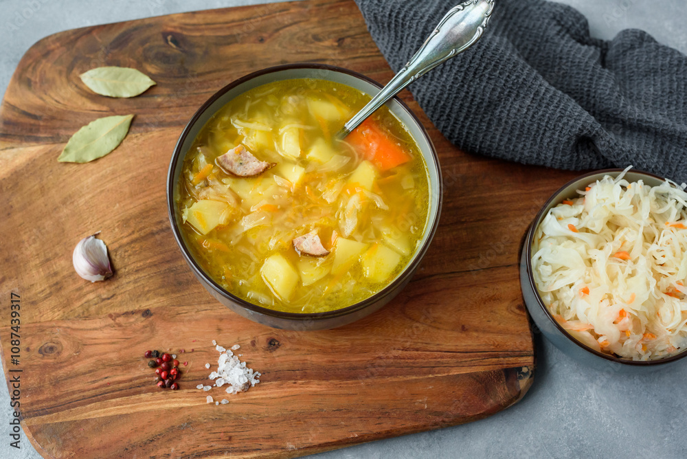 Kapusniak, traditional Polish sauerkraut soup with potatoes and carrots
