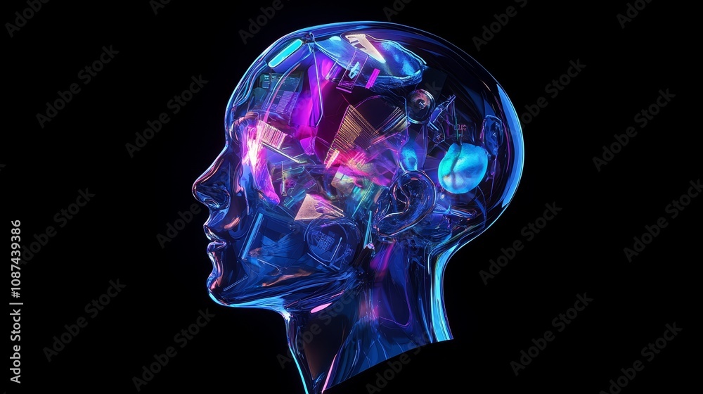 Glass head showing complex network of circuits and processors creating artificial intelligence illuminating in neon colors on a black background Glass head showing complex network of circuits and processors creating artificial intelligence illuminating in neon colors on a black background