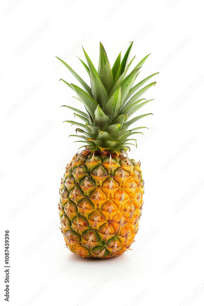 Minimalist close-up of a pineapple with textured skin and detailed crown leaves on a clean white background. Minimalist close-up of a pineapple with textured skin and detailed crown leaves on a clean white background.