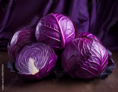 A bunch of purple cabbages placed side by side, perfect for a still life or food related scene photo