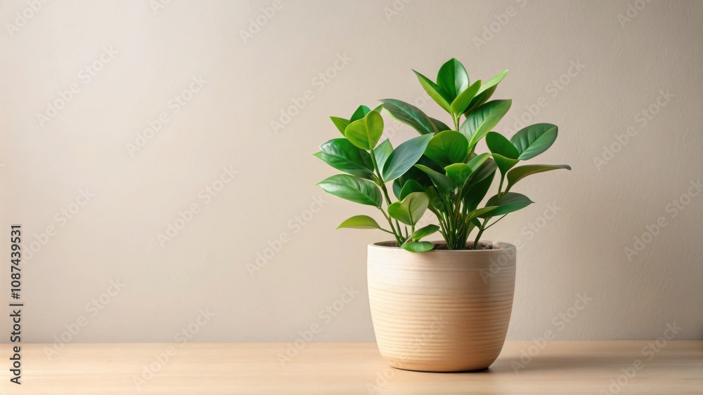 Fototapeta premium A potted plant with vibrant green leaves and a light beige ceramic pot sits on a wooden surface against a pale neutral background.
