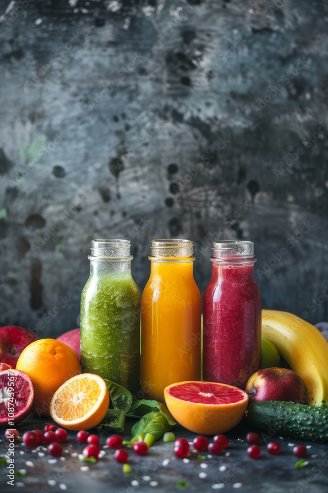 Vibrant array of fresh vegetable and fruit juices in colorful bottles surrounded by sliced cucumbers and oranges. Vibrant array of fresh vegetable and fruit juices in colorful bottles surrounded by sliced cucumbers and oranges.
