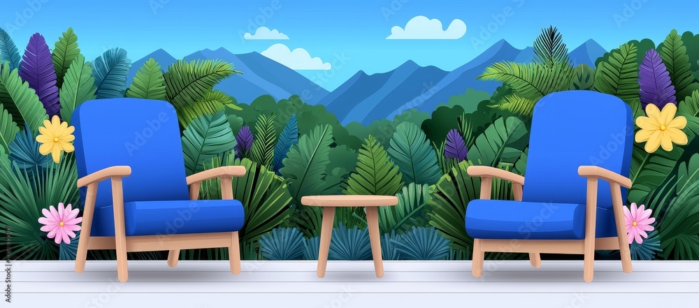 Fototapeta premium There are wooden floors and glass walls on the terrace, a swing, a chair, and plants in pots in a pot. Cartoon patio with furniture and flowers for relaxing and vacationing. Veranda in summer in the