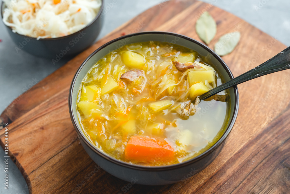 Kapusniak, traditional Polish sauerkraut soup with potatoes and carrots