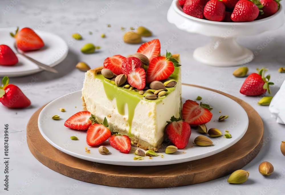 A slice of pistachio cheesecake topped with fresh strawberries A slice of pistachio cheesecake topped with fresh strawberries