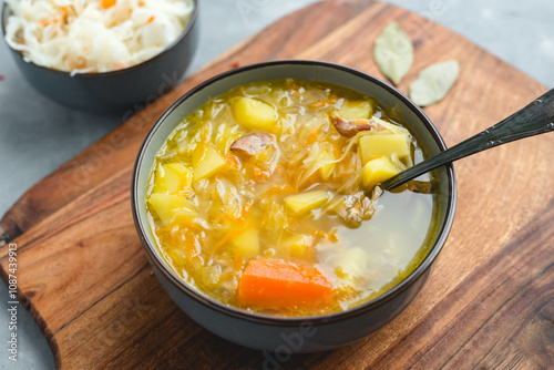 Obraz na płótnie Kapusniak, traditional Polish sauerkraut soup with potatoes and carrots w salonie