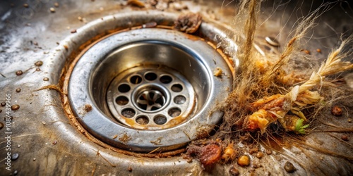 A close-up view of a clogged kitchen sink drain, revealing a tangled mess of hair, food particles, and debris. photo