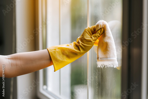 A woman's gloved hand wiping a dusty window with a microfiber cloth, focusing on hygiene and protection