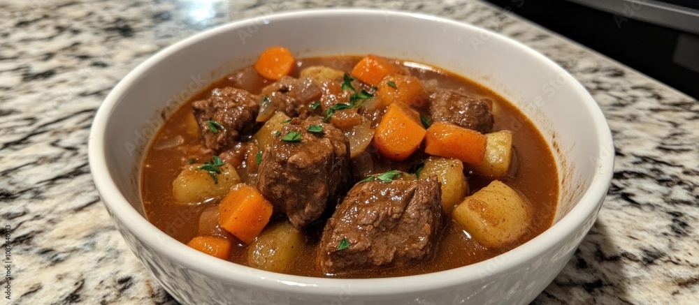 Hearty homemade beef stew with carrots, potatoes, and a rich, thick broth Hearty homemade beef stew with carrots, potatoes, and a rich, thick broth