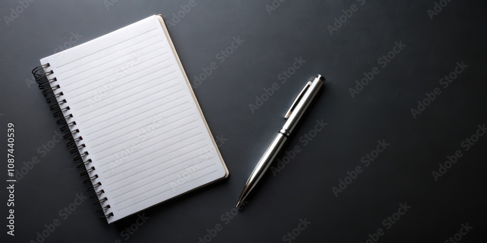 A blank notebook and pen rest on a dark surface, ready for inspiration and ideas. A blank notebook and pen rest on a dark surface, ready for inspiration and ideas.
