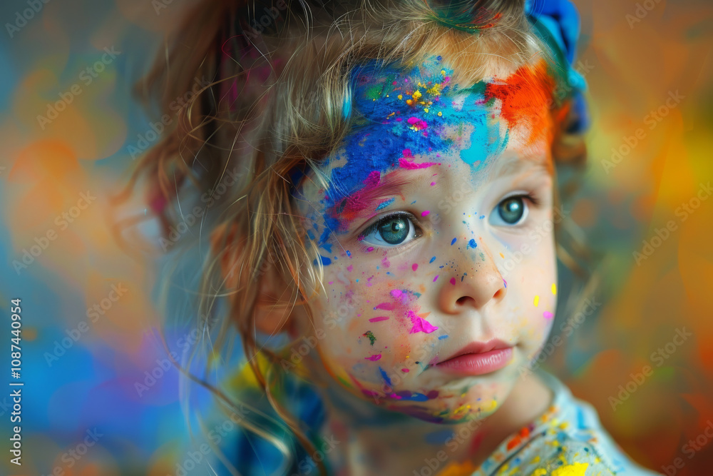 Adorable child with paint on face and clothes, enjoying creative art activity in a colorful environment.